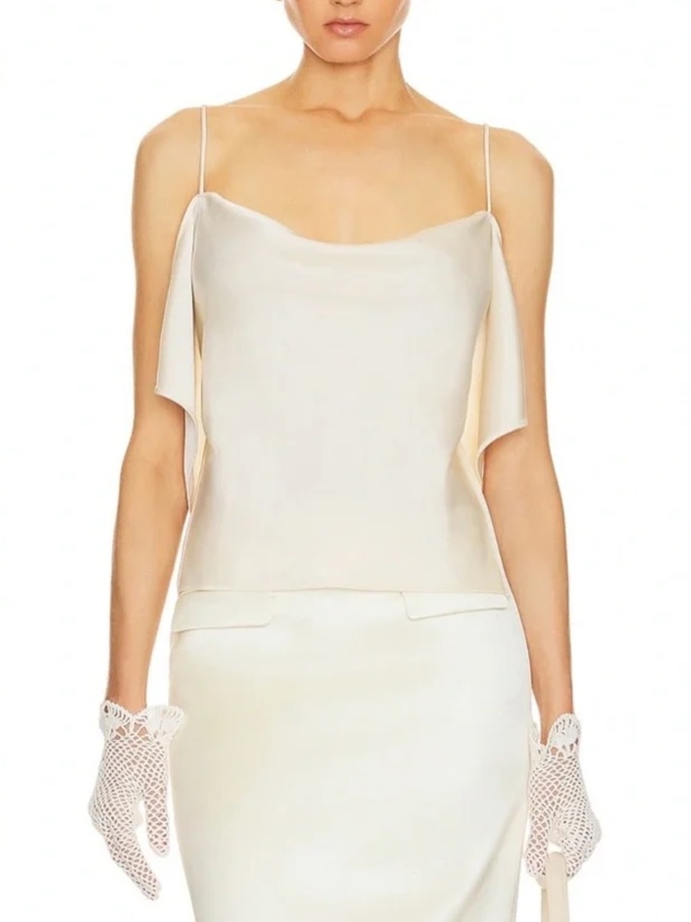 HELSA Luna Cowl Top Silky Ivory Spaghetti Strap Cami Top Low Back Draped SMALL